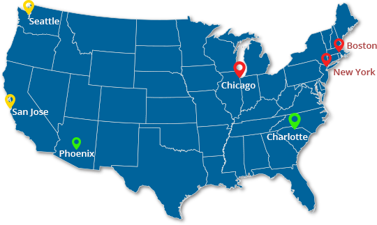 A map of the united states with locations marked.