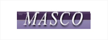 A purple and white banner with the word " masco ".