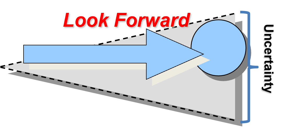 A blue arrow pointing to the right on top of a book.